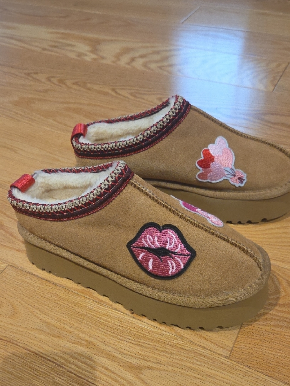 Brown Suede Shearling Platform Slippers with Pink Heart Patches
